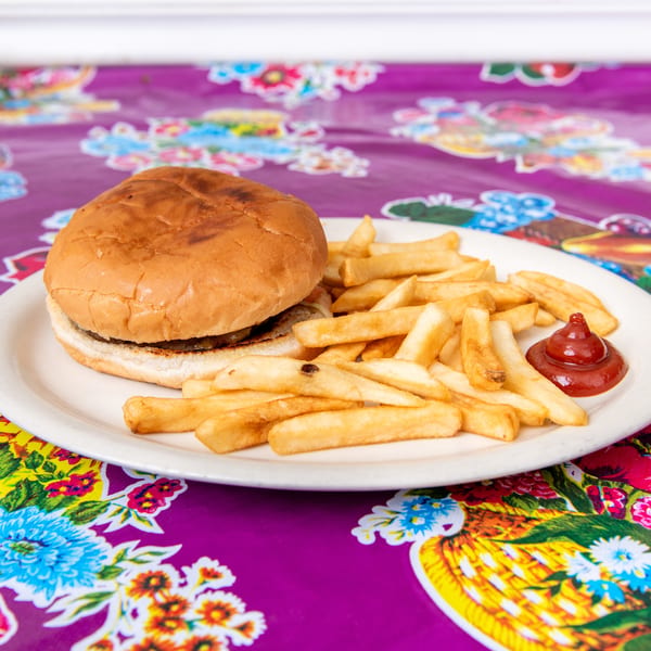 A hamburger and french fries with ketchup on a white plate, on a vibrant floral tablecloth.